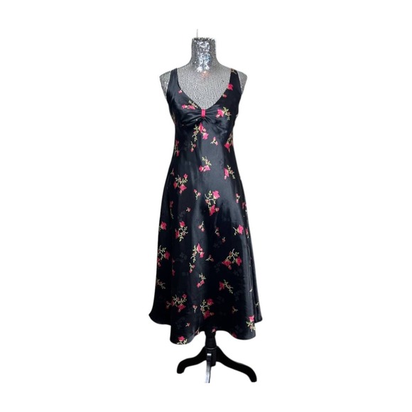 Y2K Whimsigoth Satin Floral Maxi Babydoll Dress Medium Ruched Bust‎ Witchy Party - Picture 1 of 10